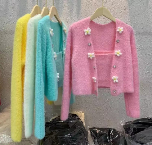Beaded Flower Mink Fleece Two Piece Cardigan Sweater With Tank Top